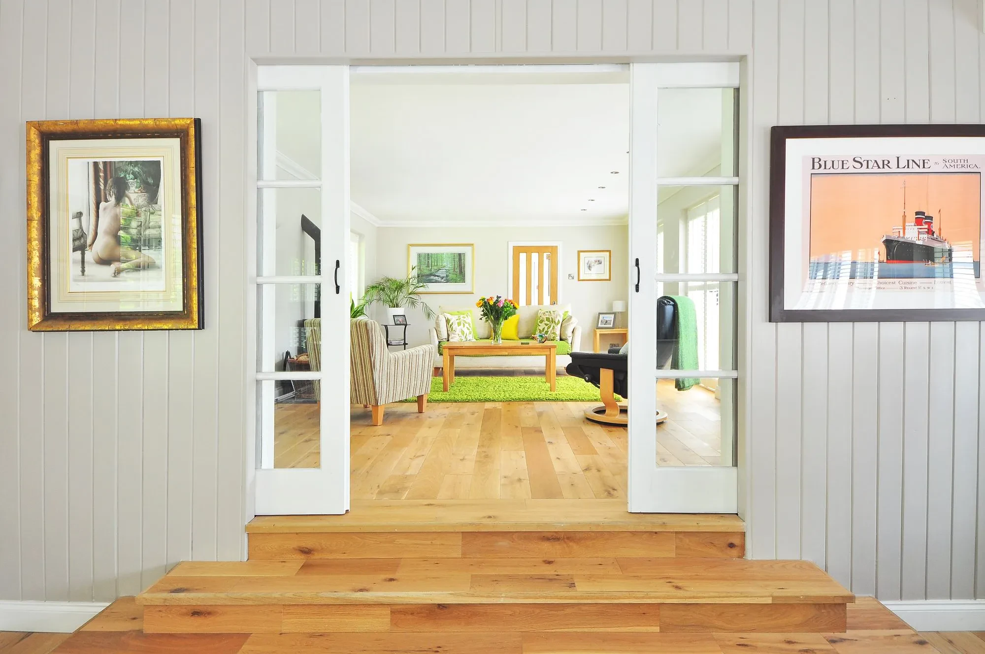 Freshly painted sliding doors brighten an interior space
