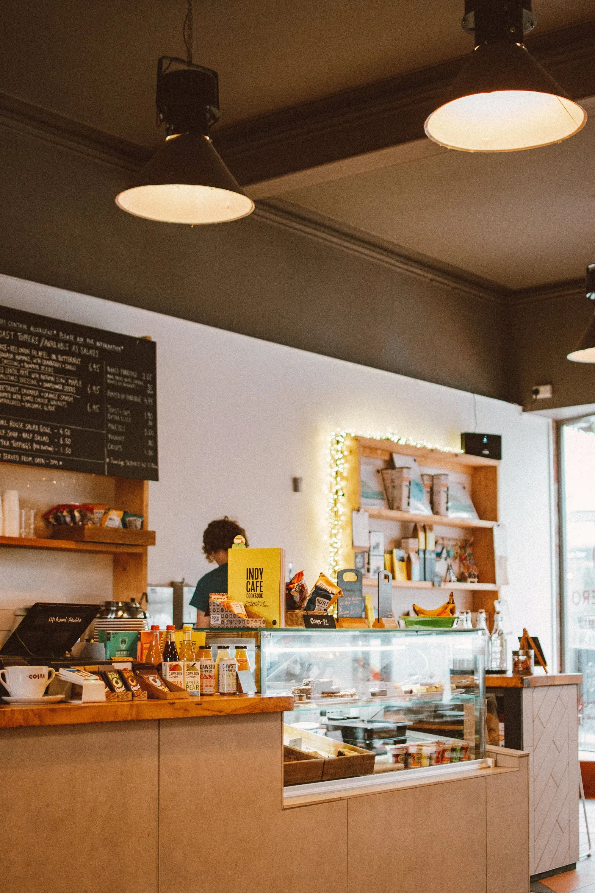 A cafe with painted walls and ceiling
