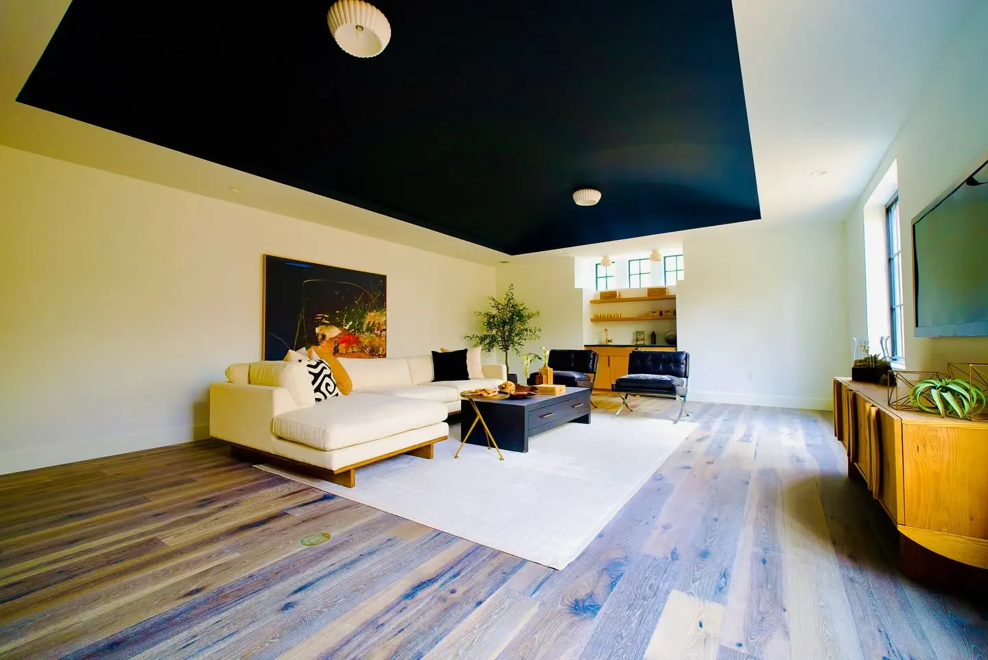 Living room with a dark painted ceiling, light walls, and wide-plank wood floors