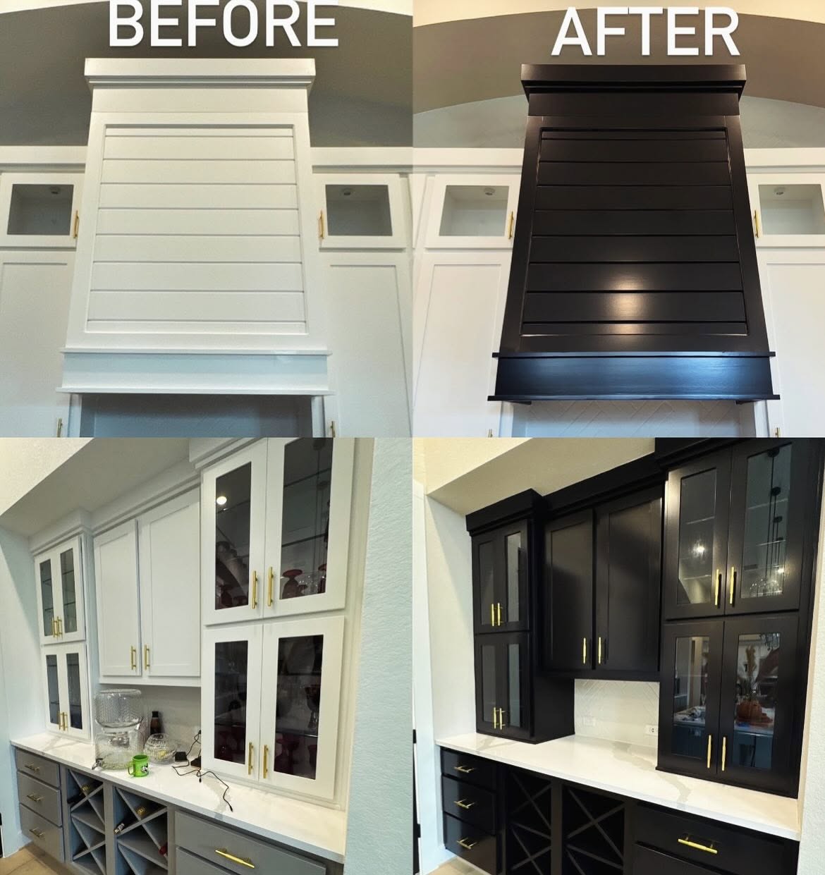 A set of cabinets and countertop painted bright white