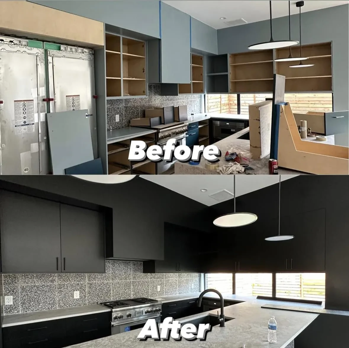 Before and after: an unfinished kitchen completed with black cabinets and a granite backsplash